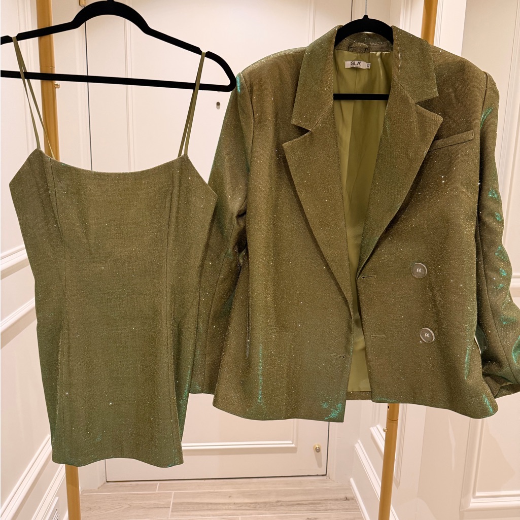 Holiday Cocktail Green Mini Dress With Matching Oversized Blazer